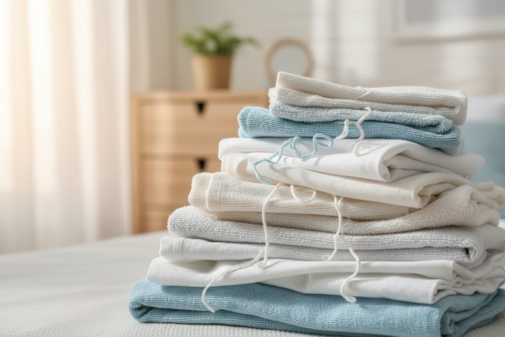 Stack of folded white and blue towels on a bed in a cozy bedroom setting with a wooden dresser in the background