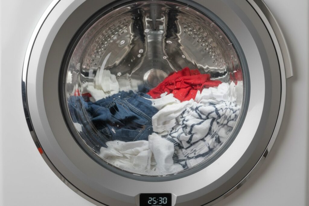 Front-loading washing machine with clothes spinning inside the drum. Red, white, and blue garments visible through the glass door.